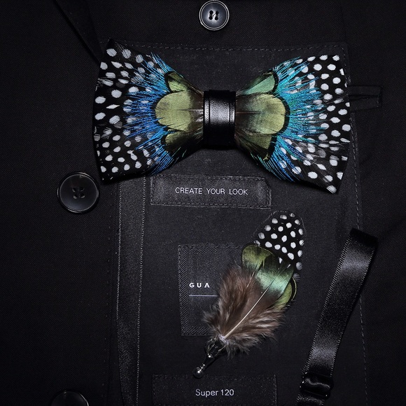 Handmade Blue and Green Spotted Feather Bow Tie Boutonnière Lapel Pin Set - Picture 10 of 12